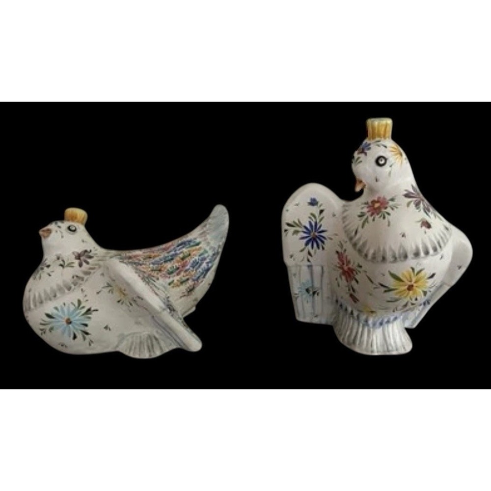 2 VTG Mancioli Italy Hand Painted Chicken Folk Art Figurines Pottery Mid Century